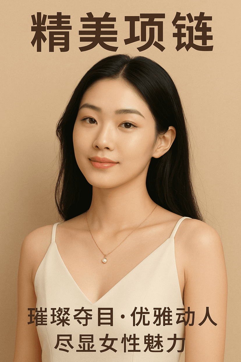 请帮我参考图片中的项链，制作一副介绍项链的海报，中国美女，项链要清晰可见，介绍尽量简洁