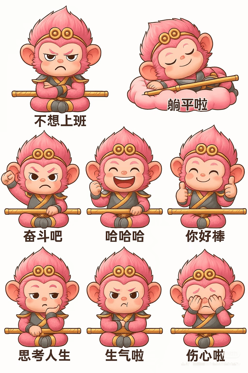 请你参考图片中的IP，帮我制作一副IP表情包，表情包要配有对应的中文文字